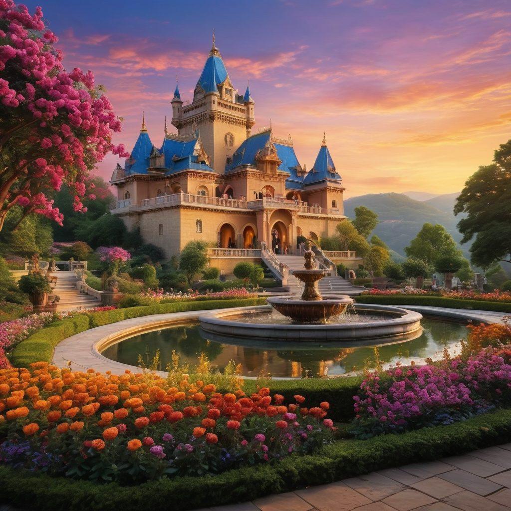 A majestic castle perched on a hilltop, surrounded by lush greenery and blooming flowers, with intricate architectural details showcasing cultural heritage. The sky is painted in twilight hues, casting a golden glow over the scene, while visitors in traditional attire explore the grounds. Romantic, artistic elements like sculptures and fountains enhance the beauty of the setting. super-realistic. vibrant colors. cinematic lighting.