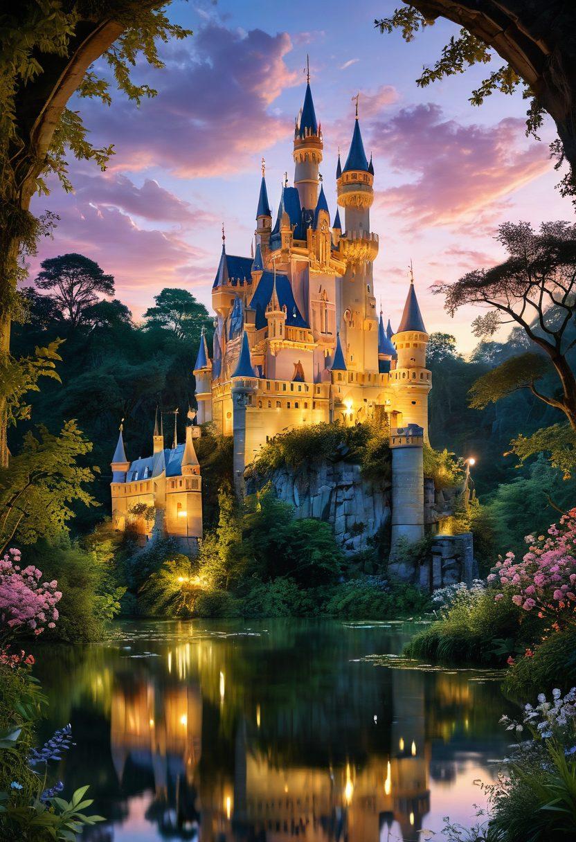 A majestic castle surrounded by lush greenery, bathed in golden sunlight, with whimsical fairytale elements like floating lanterns and magical creatures. The walls of the castle should depict intricate designs and ancient stories, inviting the viewer into a world of enchantment. A soft, dreamy sky with pastel colors enhances the magical atmosphere. fantasy art. vibrant colors. whimsical style.
