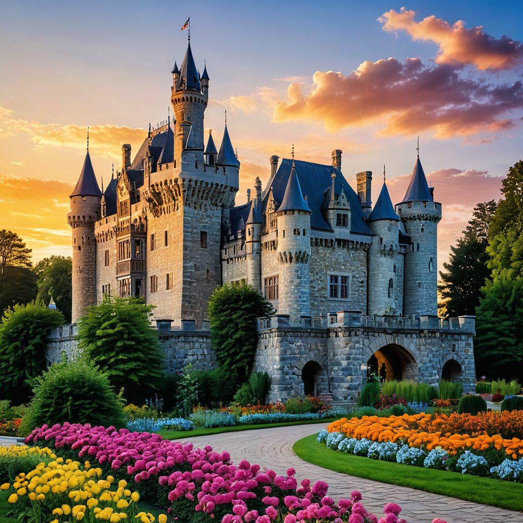 A majestic view of Castillo, showcasing its intricate architectural details and elegant turrets against a clear blue sky. Lush green gardens surround the castle, dotted with colorful flowers, while a soft sunset casts a warm glow on its stone walls. Visitors in period costumes stroll through the scene, capturing the historic significance and charm. The composition should evoke a sense of wonder and nostalgia. super-realistic. vibrant colors. romantic atmosphere.